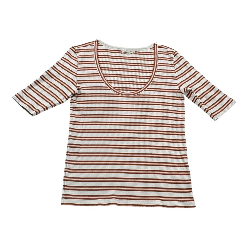 Faherty Women L Rib Knit Scoop Neck‎ Striped Top 3/4 Sleeve Cotton Tencel Peru